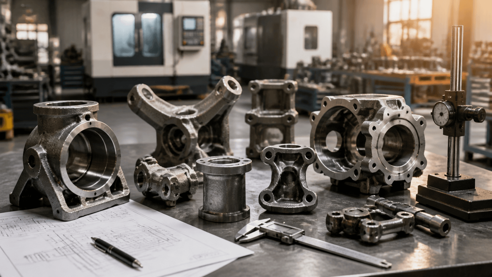 Precision investment casting components for heavy equipment on an inspection table