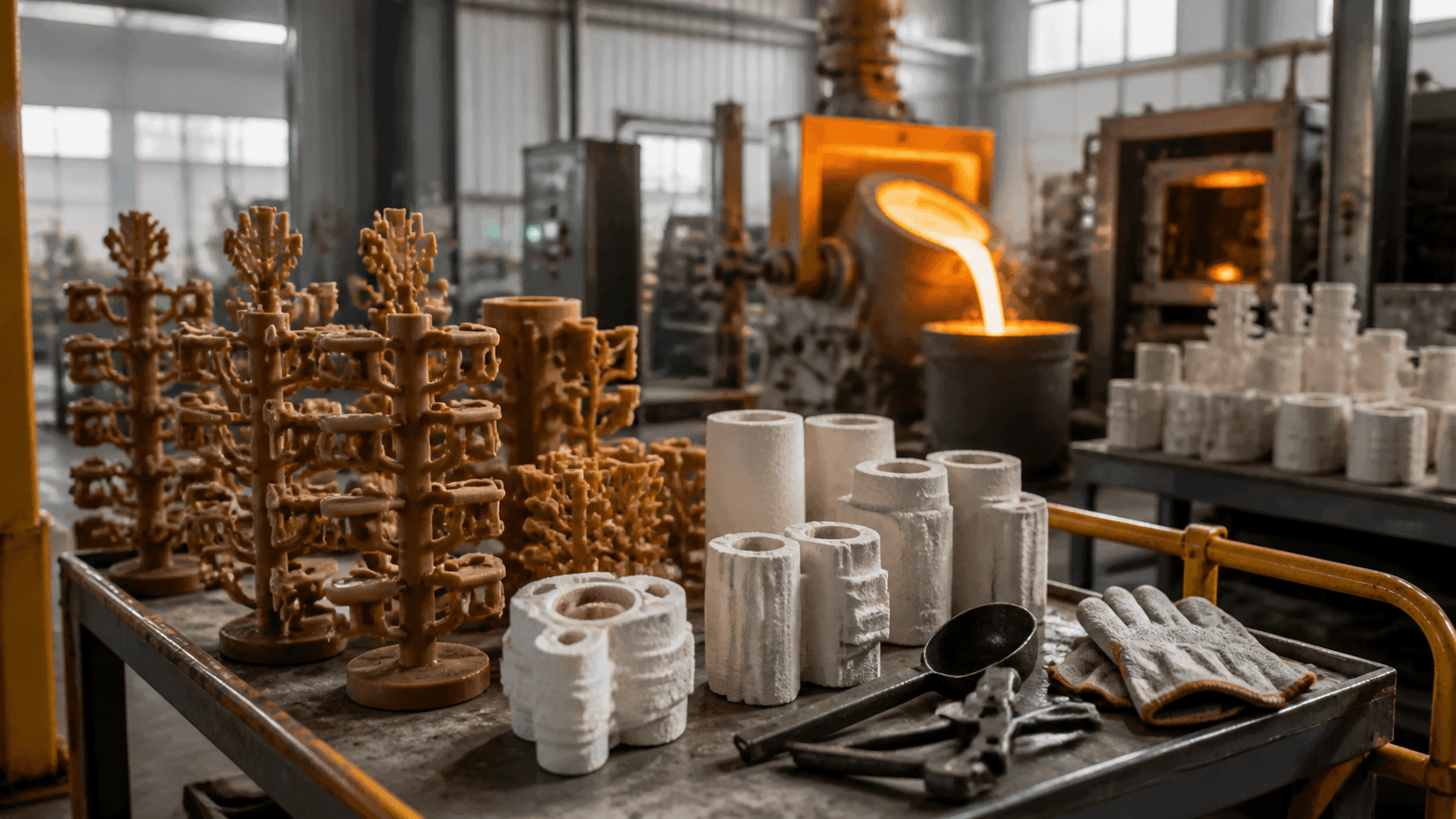 Wax patterns and ceramic shell molds in a silica sol investment casting workshop