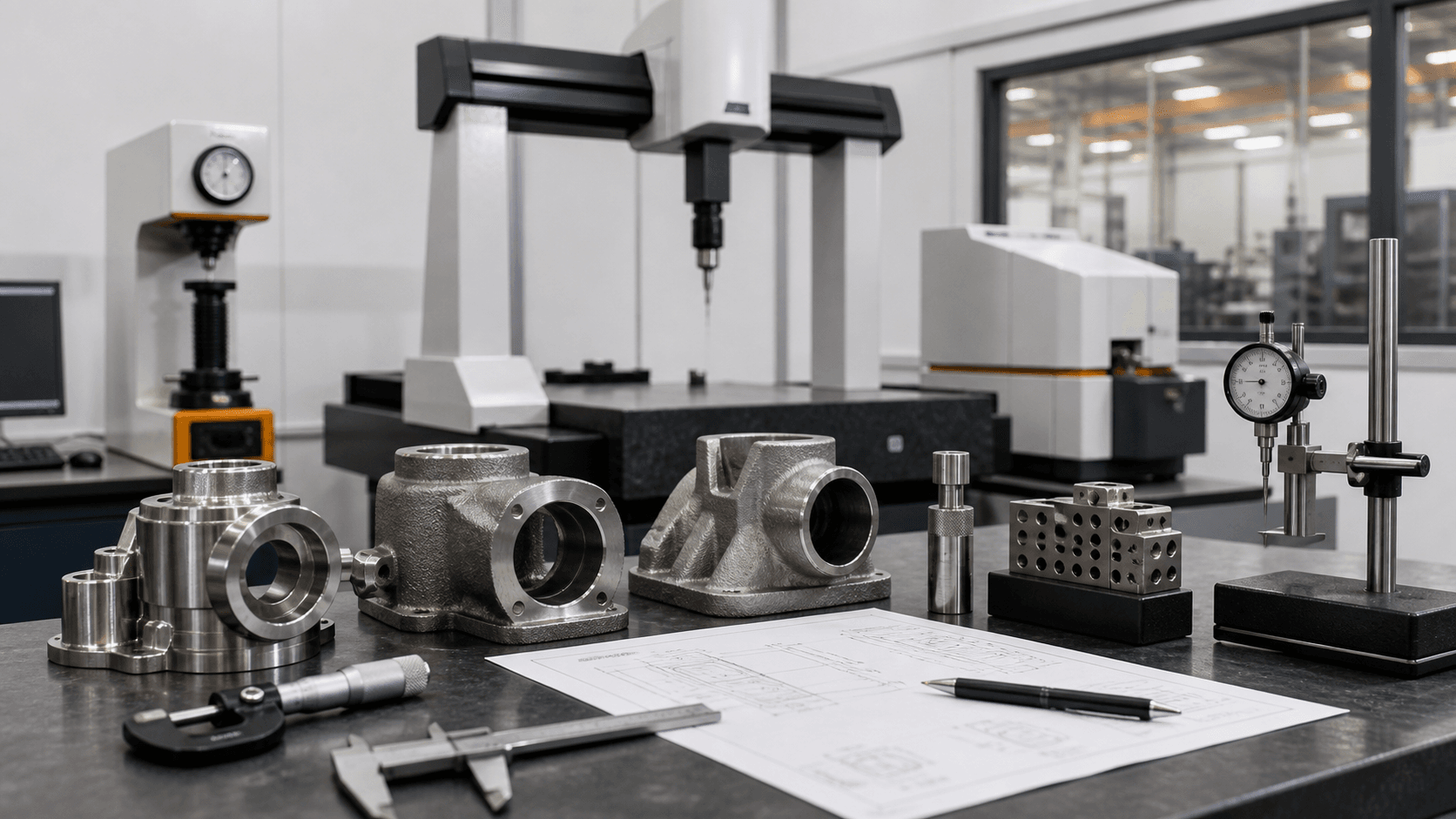 Quality control testing equipment and precision steel casting samples in a manufacturing laboratory