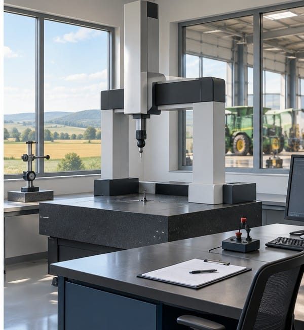 Koordinieren Sie Messmaschine und Inspektionsschalter neben Fenstern mit Blick auf das Ackerland