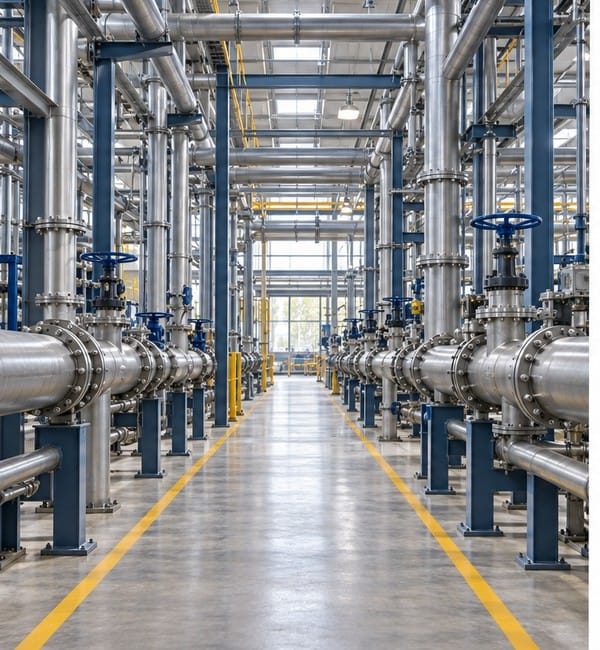 Parallel industrial pipelines with flanged joints and valves along a factory aisle